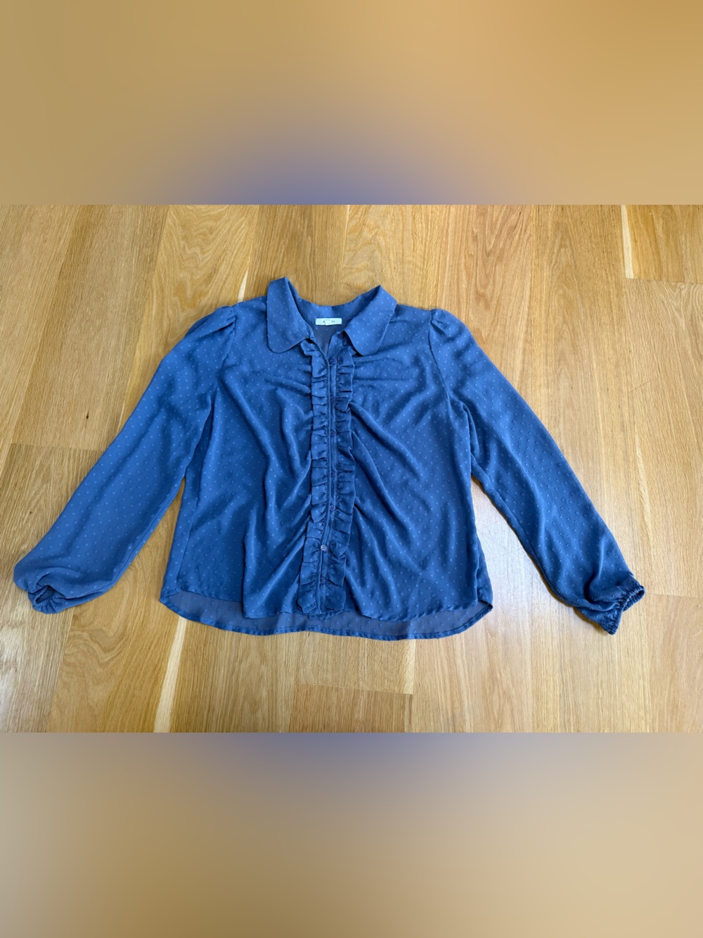 Pleione Navy Ruffle-Front Long Sleeve Blouse